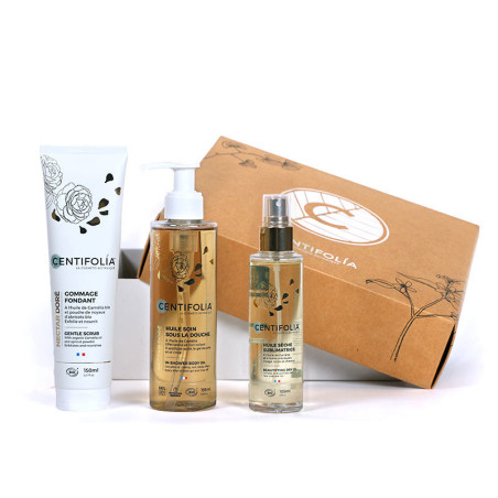 Coffret Nectar Doré : Huile soin sous la douche, Gommage fondant et Huile sèche
